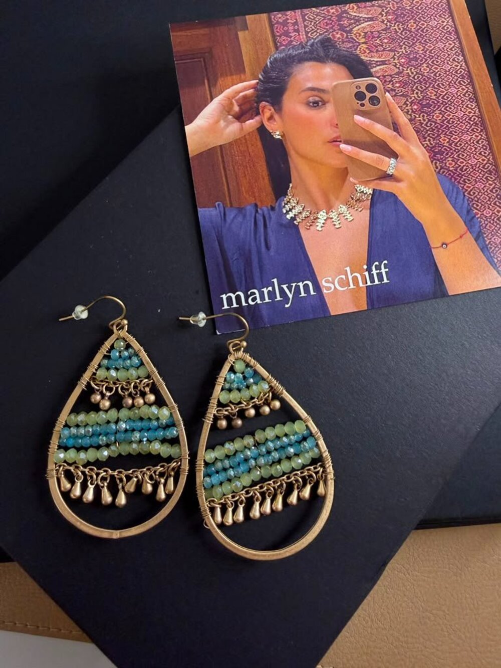 MARLYN SCHIFF - BOHO Gold Teardrop Earrings with Bile and Green Beads